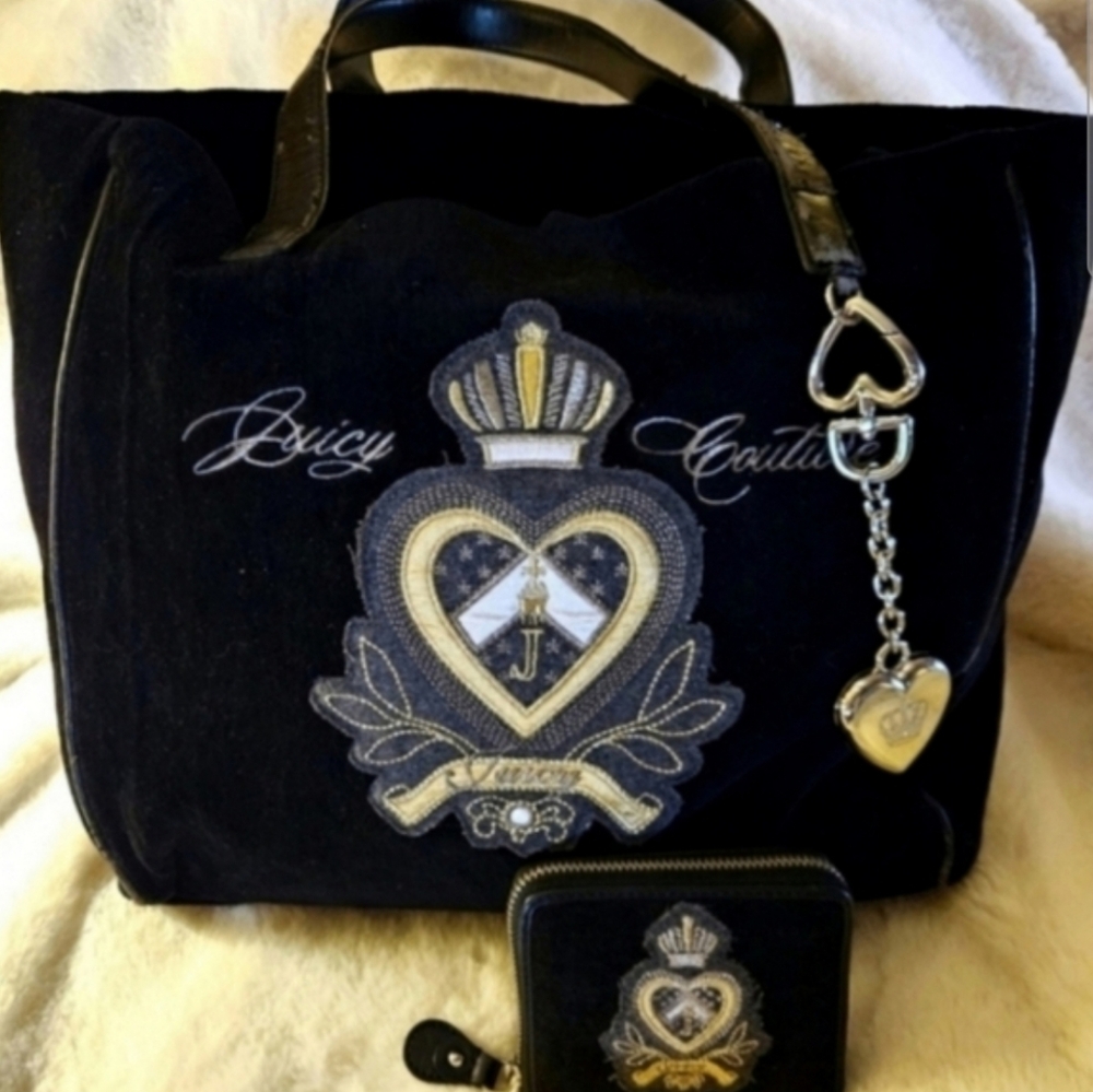 2pc. Juicy Couture Rare Y2K Black Plushy Velvet Tote & Matching Zip Wallet